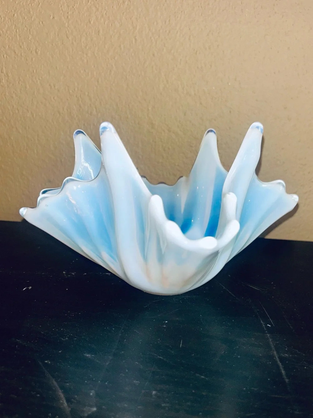 Vintage Fostoria Heirloom blue opalescent handkerchief bowl vase